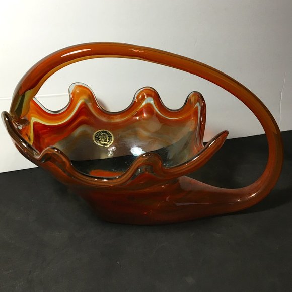 Vintage Sooner Orange Swirl Art Glass Candy Dish/Centerpiece/Decorative Bowl - Picture 1 of 16